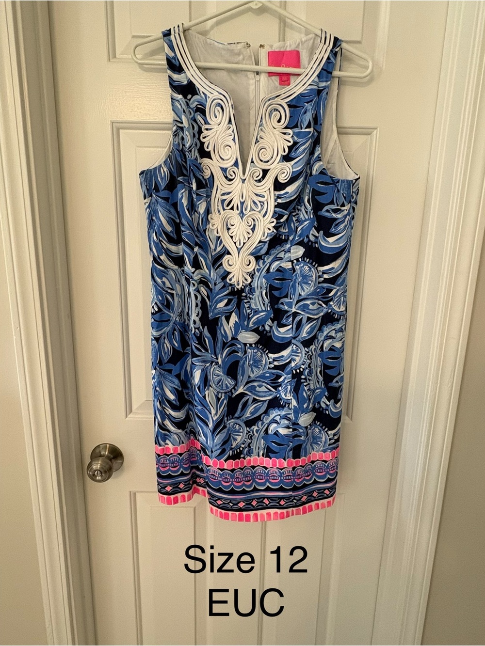 Lilly Pulitzer Blue Floral Midi Dress with White Appliquรฉ and Pink Trim